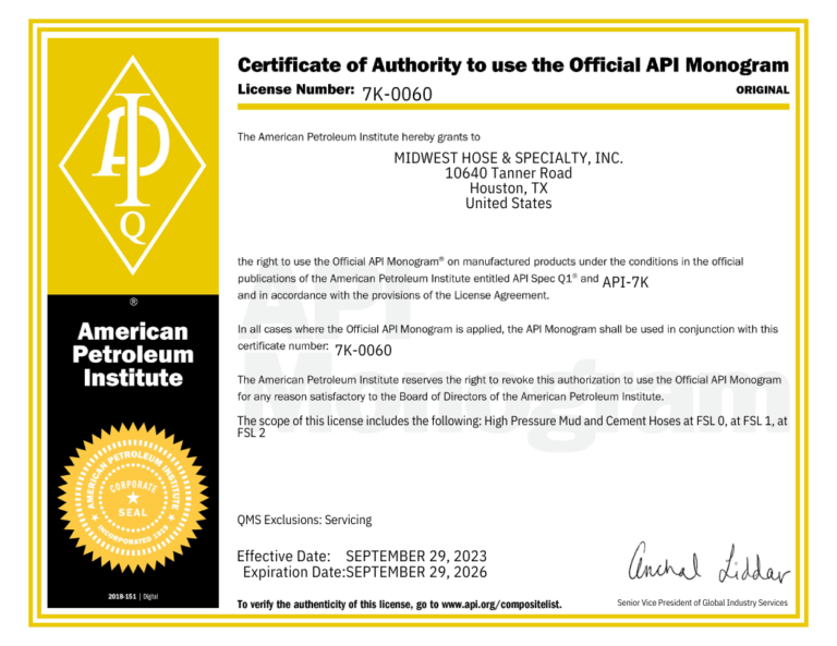 American Petroleum Institute Certificate of Authority granted to Midwest Hose