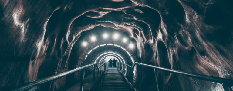 Entry stairs in Salina Turda salt mine in Turda city, Romania